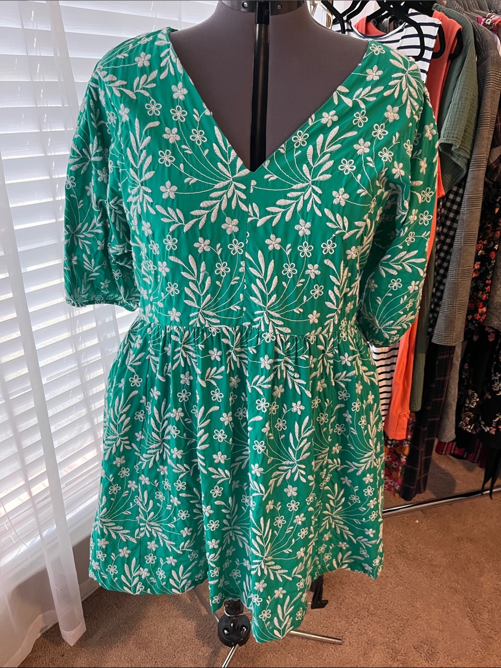 Draper James Green Cotton Floral Embroidery V-Neck Dress 3x
